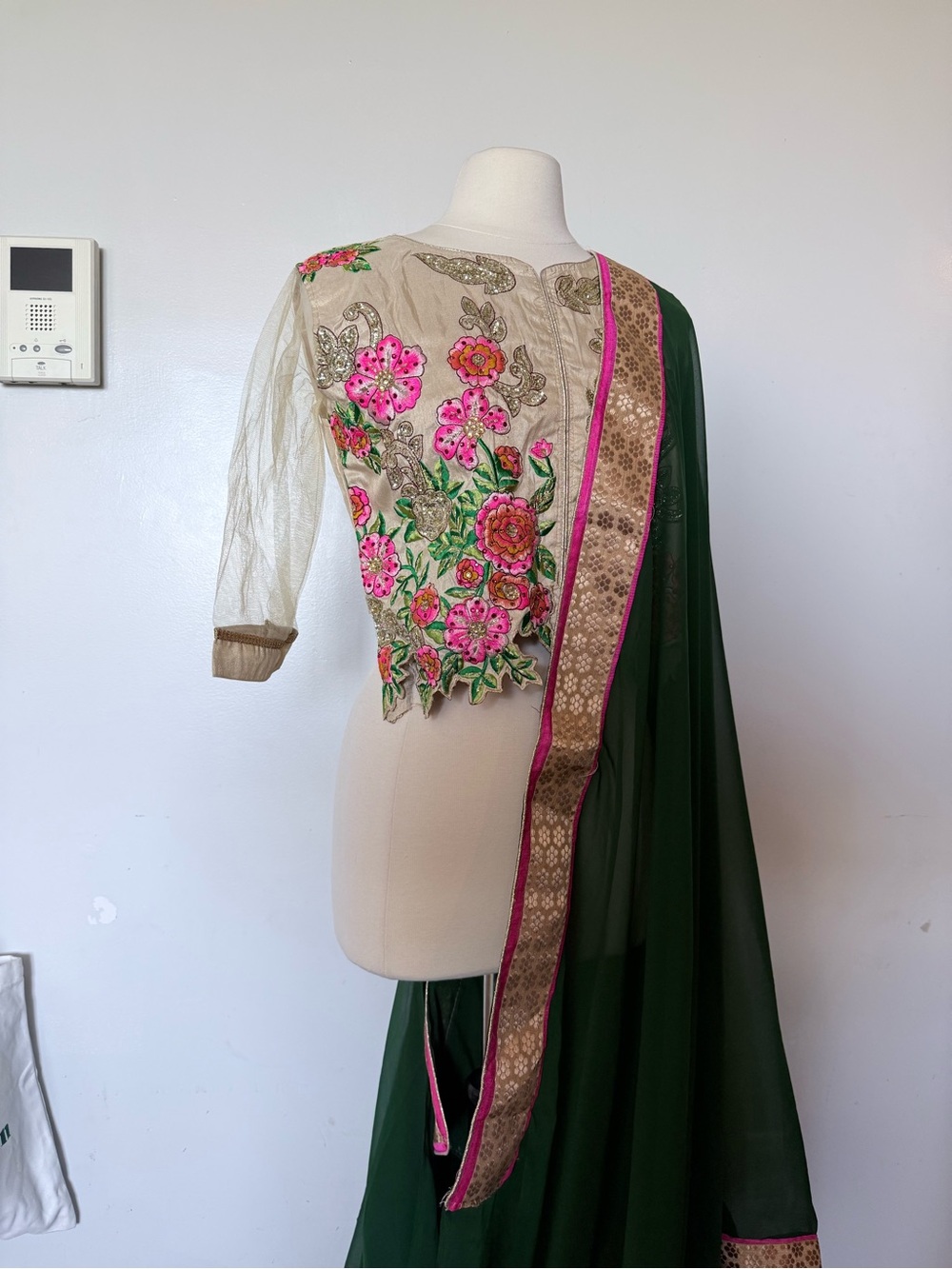 Embroidered Floral Beige & Pink Women's Top with Green Dupatta